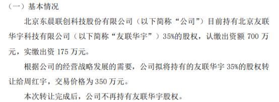 金沙威尼斯东晨联创拟以350万将持有的友联华宇35%的股权转让给周红宇